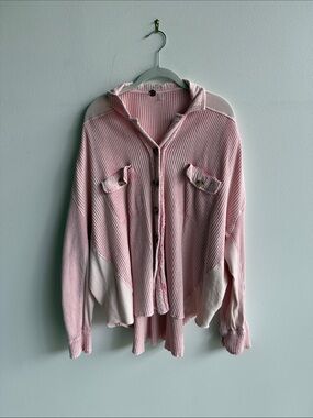 Women's Pink and White Waffle-Knit Button-Down Shirt